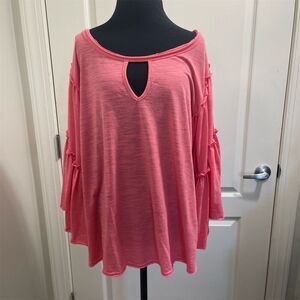 Umgee USA Women's Pink Ruffle Sleeve Keyhole Blouse Size L Casual